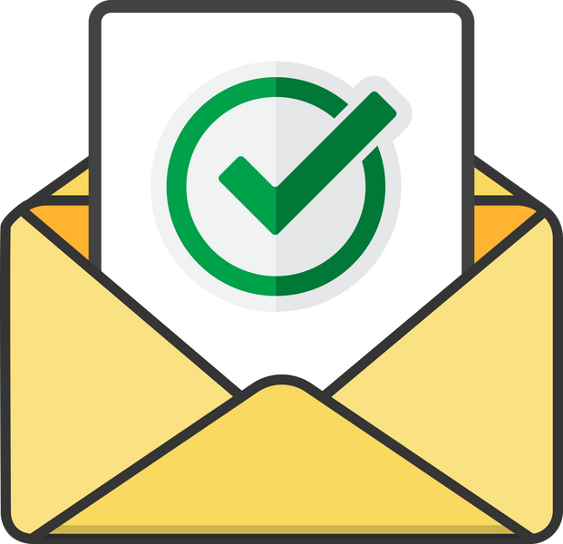 Email with document and round green check mark icon. successful verification concepts. Email icon